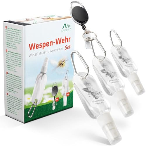 GARDIGO® Wespenabwehr Sprüher | Tragbare Wespen-Wehr Pumpflasche mit Karabiner - 3er Set | Inklusive Rollclip | Für je 30ml | Wespen Abwehr für Unterwegs | Wespen vertreiben durch Wasser