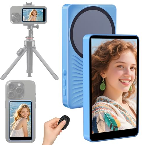 Phone Vlog Selfie Monitor Screen, Magnetischer Selfie Bildschirmmonitor, 4K 60fps Bluetooth Fernbedienung,Telefon Rückkamera Anzeige für Selfie Vlog Live Stream TikTok,Kompatibel (Blau, Basic)