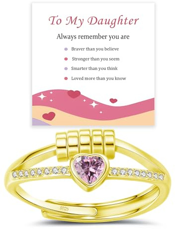 Sterling Silver/Gold Plated Heart Fidget Ring for Daughter, Adjustable Anxiety Rings with Cubic Zirconia, Daughter Ring Jewellery Gifts from Mum & Dad for Birthday Christmas
