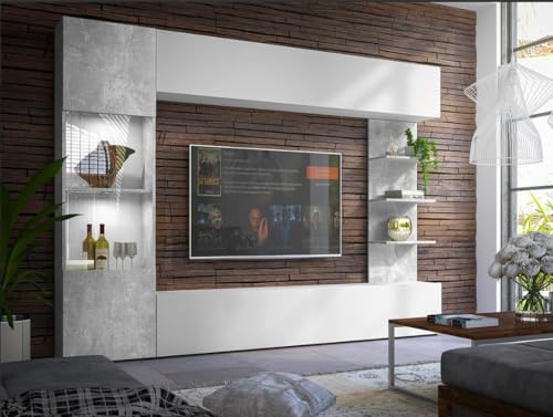 Agritrade AK Lazando Wall Unit – Universal Side – Modern LED/Non-LED Living Room Furniture Set Cabinet (White/Concrete or Cashmere/Cremona Oak) (Without LED, White/Concrete)