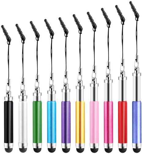 TIESOME 10 penne stilo estensibili per tablet con punta in gomma, diversi colori con corda nera, pennino capacitivo per smartphone, cellulare, tablet, 10 pezzi