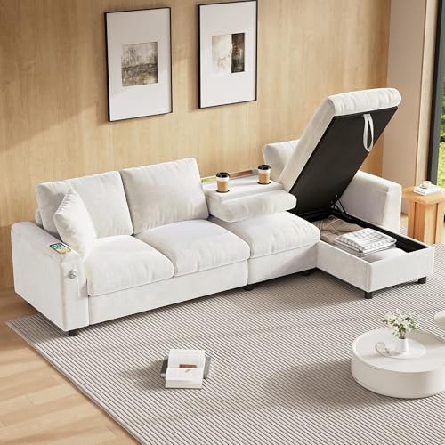 Merax Sofa Ecksofa mit Stauraum und Schlaffunktion, Multifunktionalen 4-Sitzer Couch mit Ausklappbarem Couchtisch, Getränkehalter, Armlehnen-Staufächern und USB+Type C, Bequeme Chenille Stoff, Beige