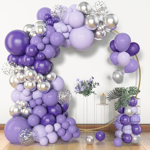 Luftballon Girlande Lila Silber, 150 Stück Luftballon Girlande Mit Lila Ballons, Helllila Konfetti Metallic Luftballon für Girlanden Bögen Geburtstag Hochzeitstage Abschlussfeiern Dekoration