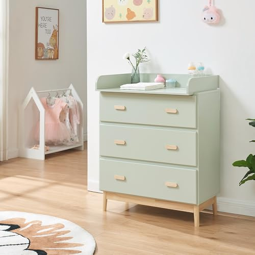 [en.casa] Wickelkommode Sarievn 100 x 80 x 53 cm Wickeltisch mit abnehmbarer Wickelauflage Kommode mit 3 Schubladen Mintgrün