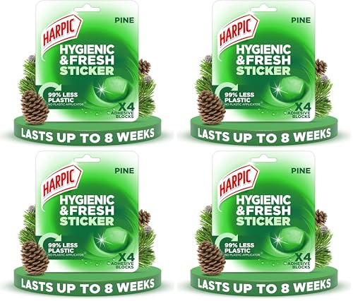 Harpic Hygienic Fresh Sticker Adhesive Toilet Block, Pine, Pack 1 x 4 Stickers, Toilet Freshener, No Plastic Applicator, Up to 8 weeks of Freshness (Pack of 4)
