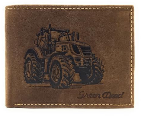 Lemasi echt Leder Geldbörse Herren aus Hunterleder Dunkelbraun mit geprägtem Motiv, RFID Schutz, kompakter Geldbeutel mit Kartenfächern, Münzfach und Geschenkbox (Traktor)