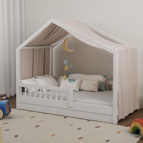 Pacok Hausbett Himmel, Betthimmel Hausbett 145x420 cm Creme | Weicher Baumwollstoff Stoffhimmel, Hausbett Deko in 5 Farben, Hausbett Vorhang für Mädchen und Jungen, Himmel für Hausbett