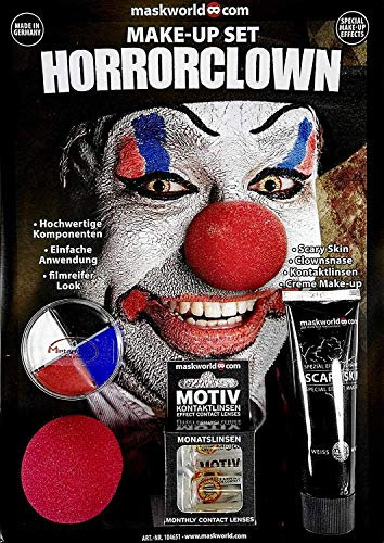 Hochwertiges Halloween Schminke Komplett-Set Horror Clown mit perfekt abgestimmten Komponenten - Make-Up - Clownsnase - Scary Skin - Kontaktlinsen