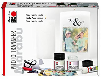Marabu 1141000000002 - Photo Transfer Candle Set, zum Übertragen von Papierausdrucken auf Kerzen, 50 ml Medium, 50 ml Candle Lack, Pinsel, Rakel und 25 ml Candle Liner silber