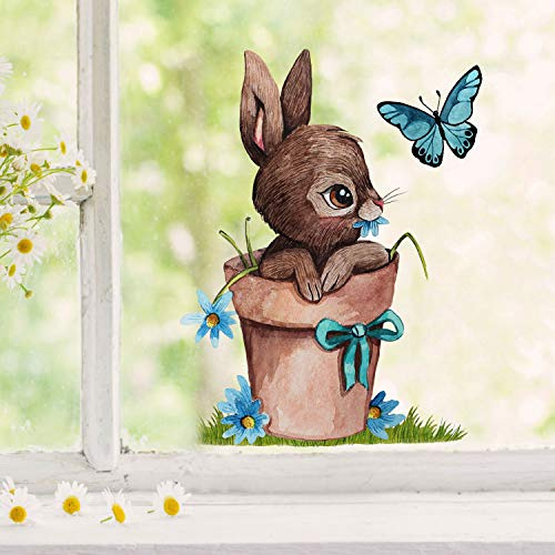 Fensterbilder Fensterbild Fuchs Reh & Hasen mit Pusteblume Osterkorb Ostern wiederverwendbar Fensterdeko bf32 - ausgewählte Farbe: *bunt* ausgewählte Größe: *5. Hase im Blumentopf*