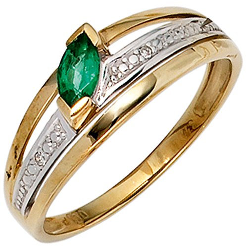 Jobo Damen-Ring aus 14 Karat 585 Gold Bicolor mit Smaragd und 2 Diamanten Größe 58