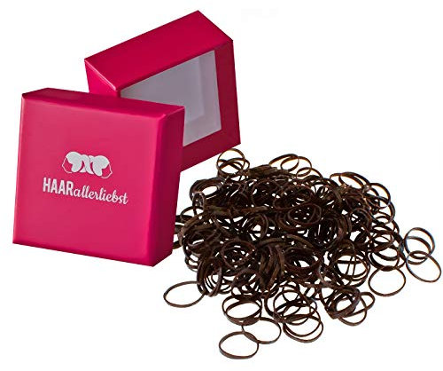 HAARallerliebst Haargummis klein – 250 Mini Haargummi (dunkelbraun, 1 cm) – Dünne Gummibänder für Haare und Bart – Kleine Haargummis inkl. Schachtel
