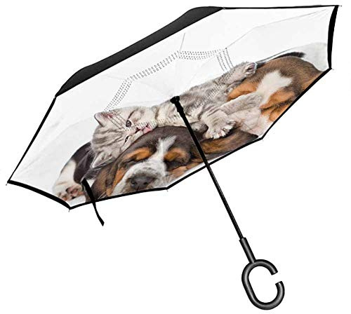 Wdkwkl Lustiger umgekehrter Regenschirm, Neugeborene, Kätzchen, liegend auf den Welpen, Basset Hound und Lecks, schlafendes Kuschelbild, freihändiger C-förmiger Griff, 107,3 x 80,9 cm, mehrfarbig