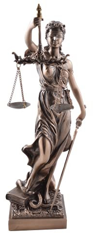 Veronese Justitia Figur Göttin der Gerechtigkeit mit Schwert und Waage bronziert
