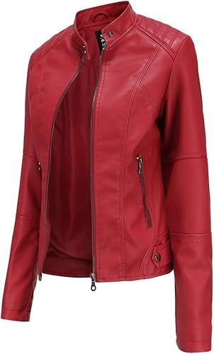 Hiser Femme Veste de Simili Cuir, Moto Manteau Faux Cuir PU Slim Fit Printemps Automne Hiver Manche Longue Élégant Veste Courte Blouson Biker à Fermeture (Rouge,M)