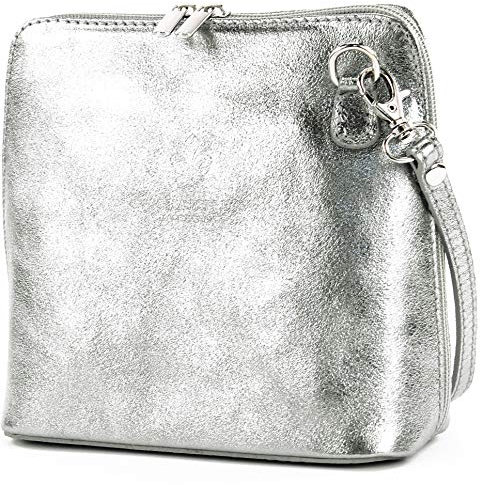 modamoda de - T94 - ital kleine Umhängetasche aus Glattleder, Farbe:Silbergrau Metallic