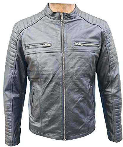 auklet Giacca in Vera Pelle da Uomo Corta Sagomata Nera Biker Retro Vintage Moto Chiodo (XXXL)