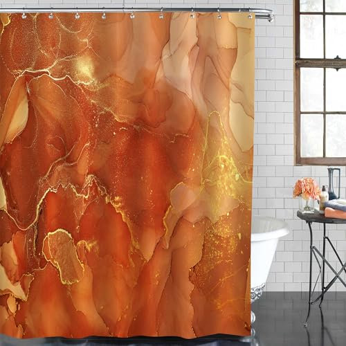 Gibelle Rideau de douche orange, rideau de douche en tissu marbré abstrait pour salle de bain, ensemble de rideau de douche moderne à l'encre aquarelle avec crochets, 183 x 183 cm