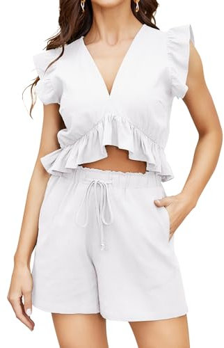 FANCYINN Zweiteilige Outfits für Damen mit tiefem V-Ausschnitt Crop-Top mit Kordelzug und weitem Bein Shorts-Set für den Sommer Weiß L