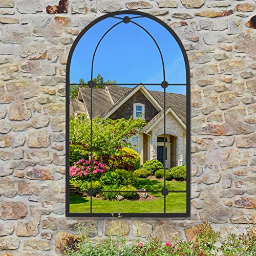 Warmiehomy Large Garden Outdoor Mirror Arched Window Wall Mirror with Metal Frame for Courtyard,Living Room,Hallway (Black, 60x100cm)