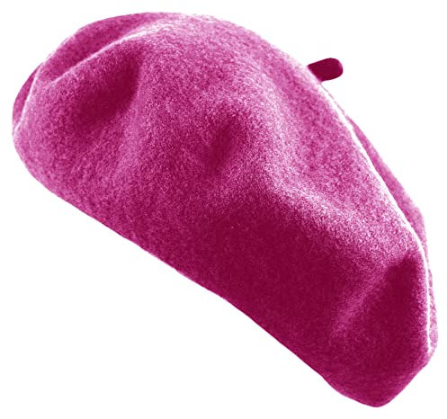 Französische Baskenmütze für Damen, einfarbig, einfarbig, Wolle, klassische traditionelle Künstlermütze, Knallpink (Hot Pink), Einheitsgröße