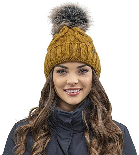 VIVISENCE Wintermütze Mit Bommel Damen Perfekte Passform Warmes Strickmütze Herbst Frauen Mütze Für Winter Aufgerolltem Design Für Extra Wärme Ideal Für Kalte Wintertage, Dunkelgelb,Einheitsgröße