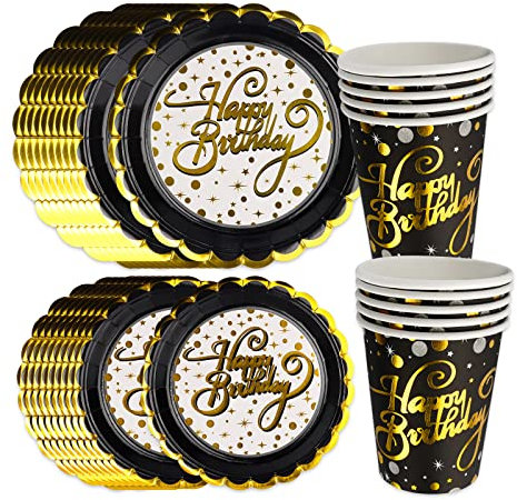 Schwarz Gold Geburtstag Pappteller, 30Pcs Happy Birthday Partygeschirr Set, Pappbecher Pappteller Happy Birthday Teller Partyzubehör, für Kindergeburtstag Junge Mädchen Party Papiergeschirr Tischdeko