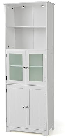 COSTWAY Meuble de Salle de Bain à 4 Portes 2 Compartiments Ouverts, Colonne Salle de Bain Armoire Haute avec Étagères Réglables pour Salon, Cuisine, 60 x 30 x 163 cm, Blanc