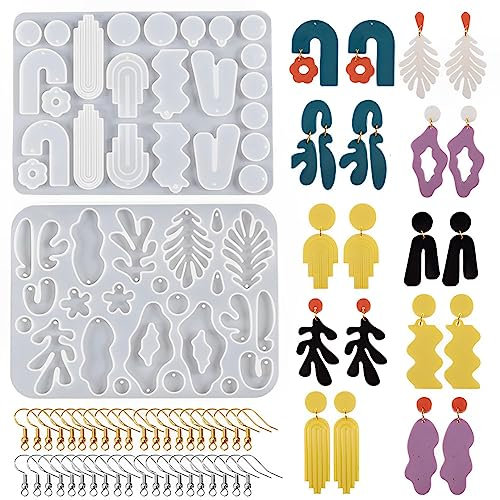 HyzaPhix Moldes de resina para joyas, 42 moldes de silicona para aretes, molde epoxi con agujero para colgar, ganchos para aretes para aretes colgantes para mujer (2 piezas + 20 pares de ganchos para