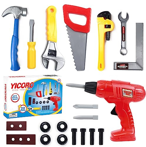 YICORO Kids Tool Set 20 PCS Toddler Tool Set with Toy Drill, Pretend Play Kids Toys for Ages 3,4,5,6,7,8 Years Old, Boy Toys, Girl Toys