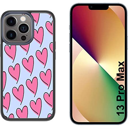 Generico Cover compatibile con Cover Apple iPhone 13 Pro Max Sfondo Cuore Rosa con Sfondo Azzurro/Glass Back con gomma sui lati/TPU rigido
