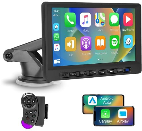 Podofo Wireless Carplay Autoradio Android Auto, 7 Zoll HD Touchscreen, tragbarer Carplay Bildschirm mit Bluetooth, Mirror Link, SWC, USB/TF Port, Saugnapfständer/Zigarettenanzünder für Fahrzeuge
