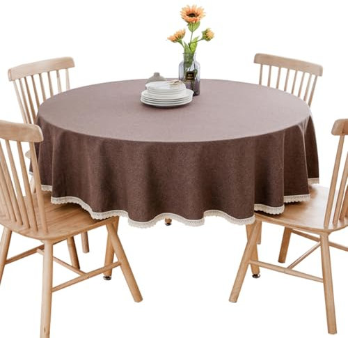 BHOMTY Runde Tischdecke aus Baumwollleinen, geeignet für Esstische, Kaffeetische, maschinenwaschbar, Dunkelbraun, Durchmesser 160 cm