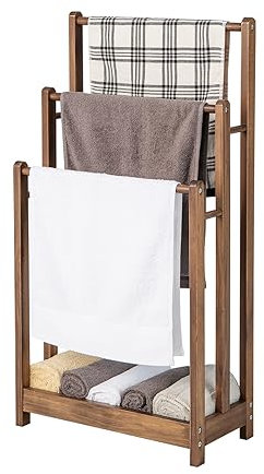 COSTWAY Portasciugamani in Legno da Terra, Porta Asciugamani a 3 Livelli con Mensola Inferiore, Dispositivo Anti-Ribaltamento, Supporto Leggero per Asciugamani da Bagno e Stanza Lavanderia (Marrone)