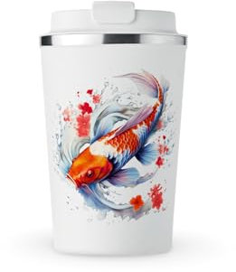 MAXIKIWI - Insulated Double Walled, Leakproof Stainless Steel Mug, Coffee or Tea Travel Tumbler with Lid, Keep Drinks Hot and Cold - Japanese Koi Fish - 350ml