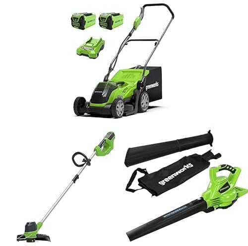 Greenworks 40V Tagliaerba a Batteria Ampiezza di Taglio 35cm con 2x 2Ah Batterie e Caricabatterie G40LM35K2X Bonus 40V Tagliabordi a Batteria Solo Macchina G40LT & Aspiratore Soffiatore GD40BV