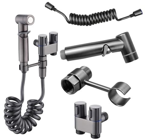 suaywo Kit Douchette WC Douchette Toilette WC avec Vanne 3 Voies Noyau en Laiton,Avec Robinet D'Arret, Douchette WC Kit Bidet Toilette Kit Gris Pistolet Convient aux Salles de Bains et aux Toilettes