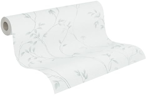 A.S. Création Blätterranken-Vliestapete – Weiß, Grau – 10,05 x 0,53 m | Florales Blätterranken-Motiv als natürlicher Blickfang – matte Motivtapete, einfach zu verkleben & spurlos abziehbar