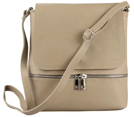 OBC Made in Italy Damen Leder Tasche Messenger Crossbody Handtasche Schultertasche Crossover Umhängetasche Shopper Damentasche Überschlagtasche Tablettasche bis ca. 7-9 Zoll Helltaupe