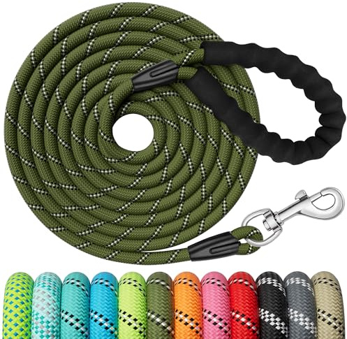 X XBEN Training Leads for Dogs, 30M/98FT Strong Rope Long line Dog Lead Leash with Soft Padded Handle and Heavy Duty Hook, Reflective Recall Training Leads for Large Medium Small Dog, Olive