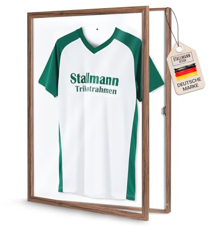 Stallmann Design Trikotrahmen 'Easy Click & Fill' mit Tür | Rahmen-Farbe: Nussbaum | Hintergrund: Weiß | Größe: 70 x 90 cm | hochwertige und leicht zu befüllende Vitrine für Trikots