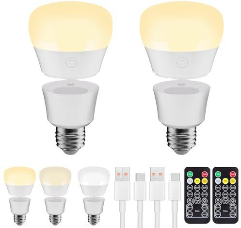 LGMCF Rechargeable Light Bulb with Magnetic & Type-C 2IN1 Charging, E27 Battery Powered Light Bulb with Remote Control, 700LM Dimmable Bulb with Magnetic Base Detachable for Non Hardwired Lamps, 2 Pcs