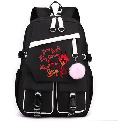 LKY STAR Unisex Tagesrucksäcke Hazbin Hotel Schulrucksack mit Haarballen Anhänger Anime Angel Dust/Alastor Schulranzen Damen Wasserdicht Rucksack