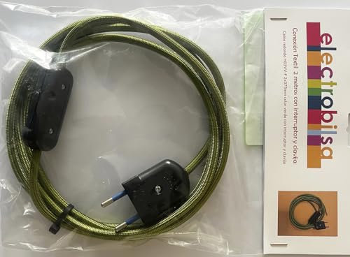 Kit de cable textil verde 2 mts 2 x 0.75 mm, con clavija e interruptor negro, ideal para decoración y reparaciones eléctricas.