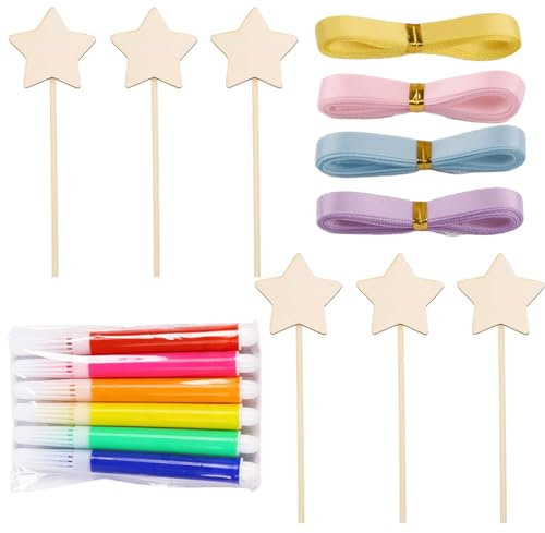 IKOPFLN 6 Stück Stern Zauberstab Set - DIY Bastelset Kinder ab 3 Jahre | Holz Kindergeburtstag | Mit farbige und Stifte dekoratives Band | Kreatives Spielzeug Geschenk Mädchen Jungen