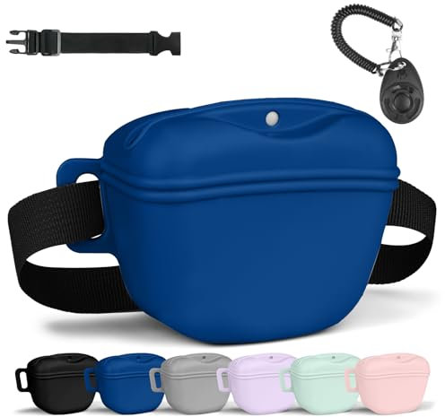 Aomig Leckerlibeutel für Hunde 3Pcs Hundeleckerli mit Trainingsklicker Gürtel Tasche Hundetraining Bauchtasche Hund Gassitasche Futterbeutel Gassigehen Hundetraining Silikon Trainingstasche Dunkelblau