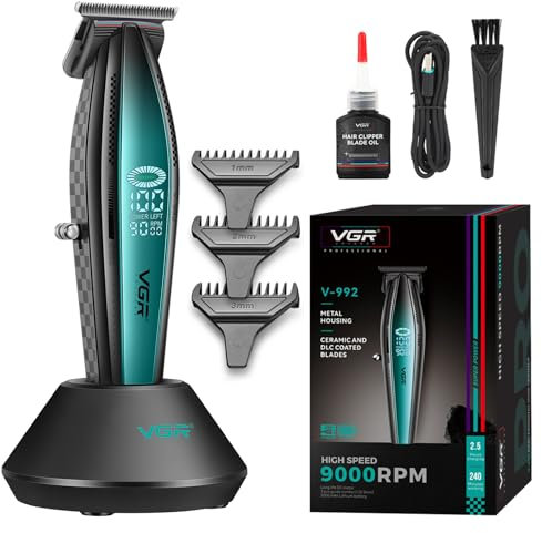VGR 992 Professioneller Haarschneider für Männer Vielseitiger Kabelloser Haarschneider Nullspalt für Barthaare T-Klinge Friseurtrimmer Metallgehäuse 9000 U/min 240 Minuten Laufzeit