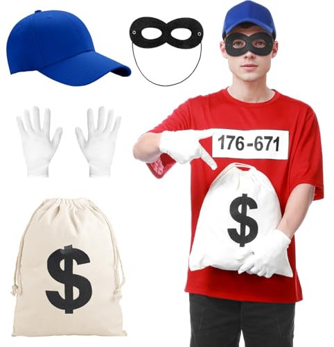 Ficlwigkis Panzerknacker Kostüm Herren Kinder Karneval Kostüm Herren Kinder mit Hut Augenmaske Handschuhe für Karneval Faschingskostüme Herren Räuber Kostüm (Kurzarm Erwachsene671, XXL)