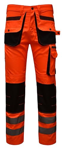 STRUD FIT Hi Vis Trousers Men's Cargo Workwear Multi Pockets Safety Pants with Reflective Tape Construction, Industrial use Heavy Duty Work Trousers (UK, Waist & Inseam, 40, 30, Orange)