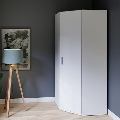 Forte ECONOBOX 2 Eckkleiderschrank 90, 1-türiger Drehtürenschrank, Holzwerkstoff, Weiß, 89,5 cm breit, 210,5 cm hoch, 89,4 cm tief
